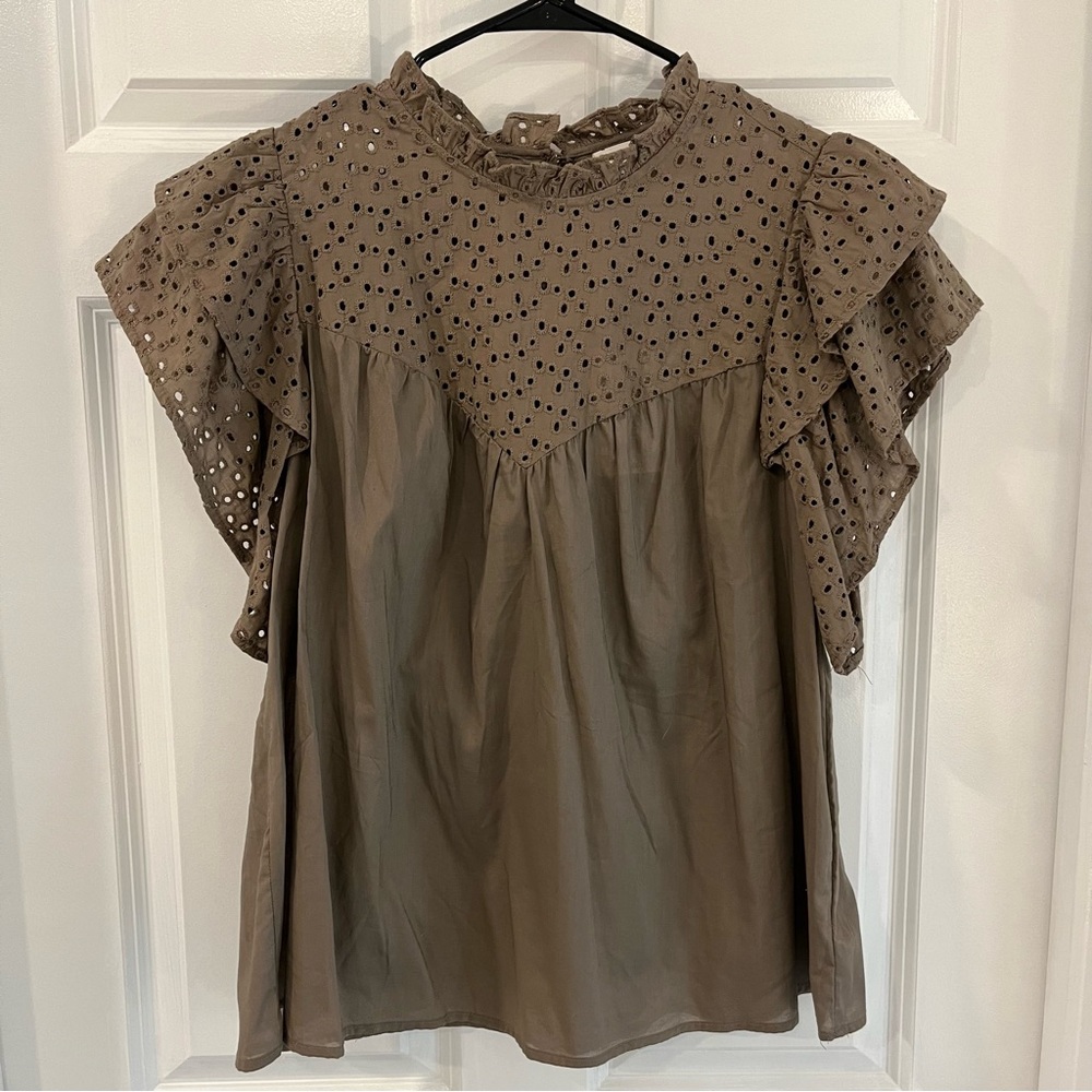 A New Day - Tan Eyelet Flutter Sleeve Top